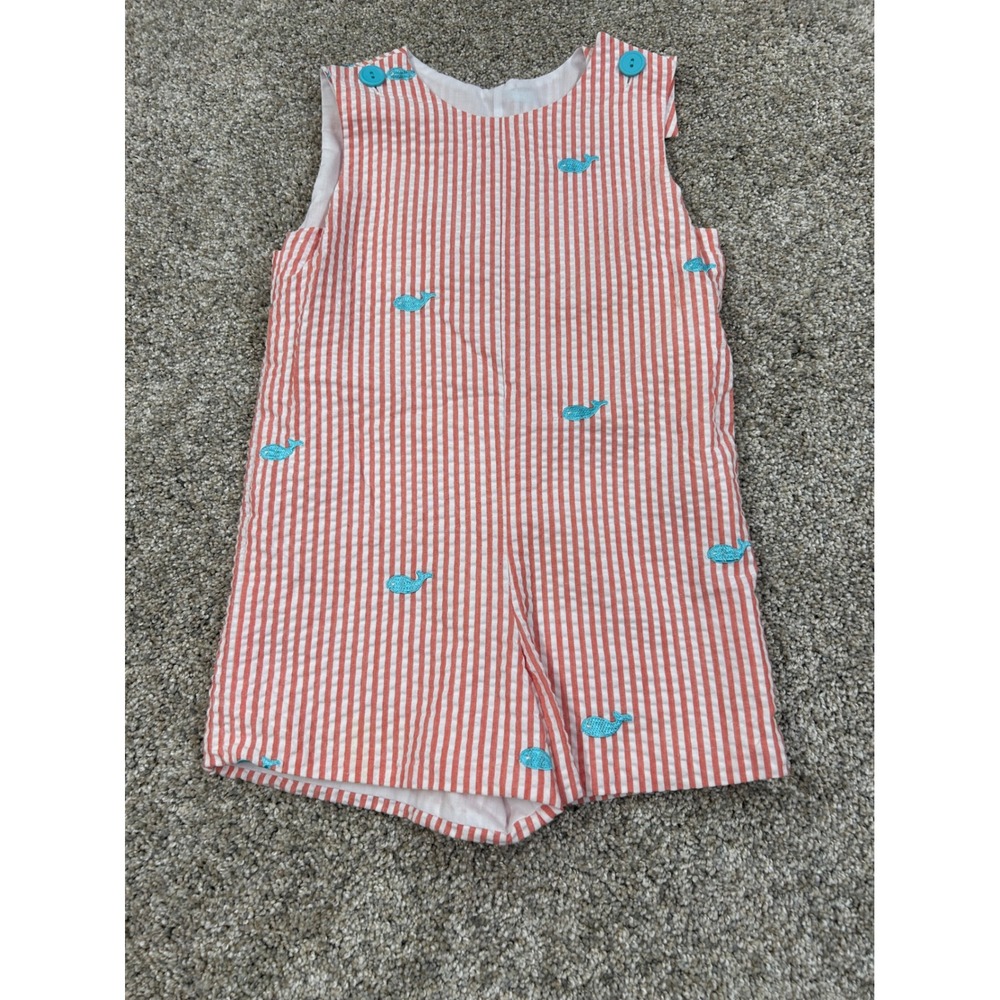 Kellys Kids Red White Seersucker Whale Embroidered Jon Jon Romper‎ Size 3 #0475